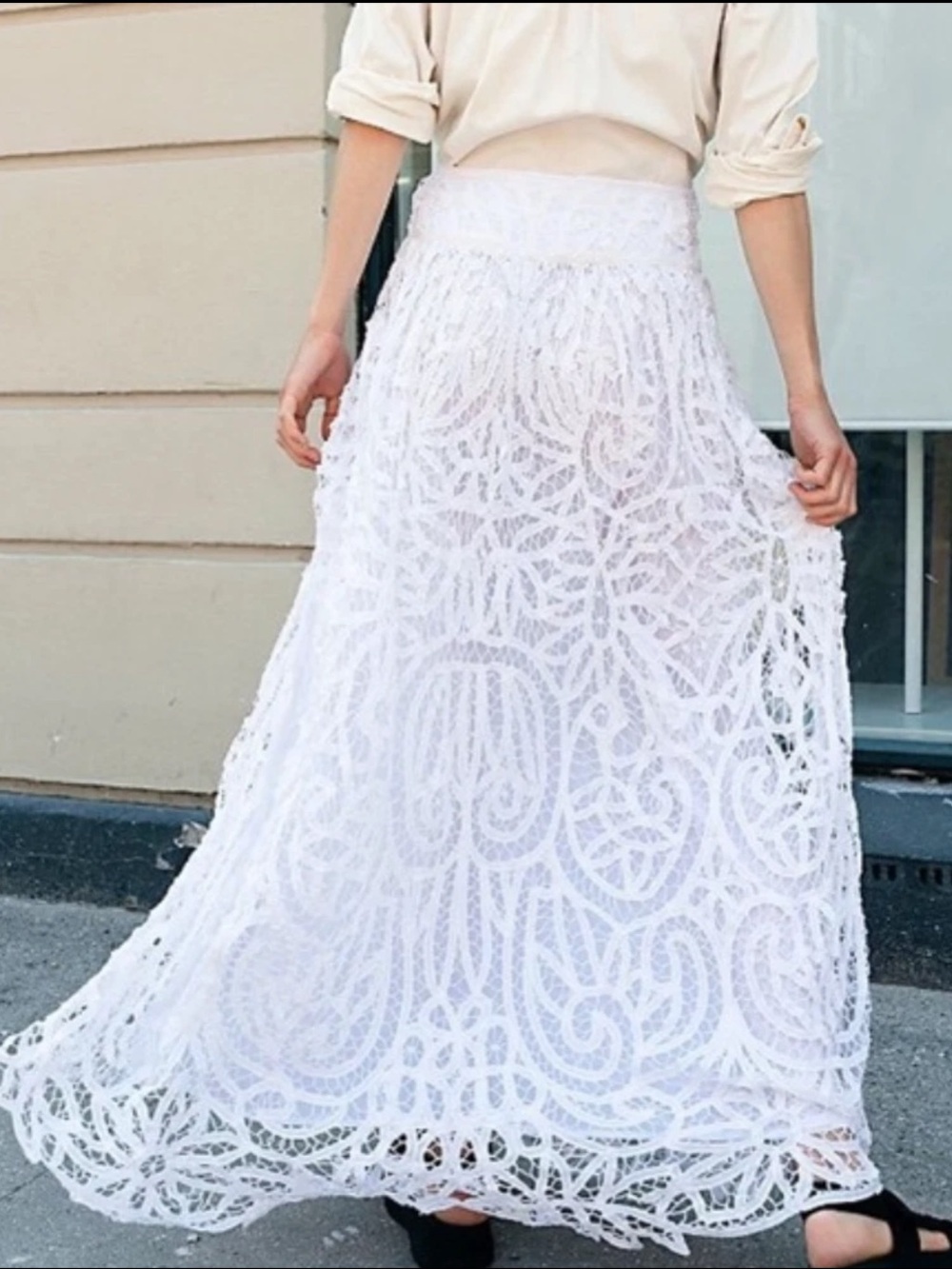 Free People White Lace Maxi Skirt - Boho Crochet Detail